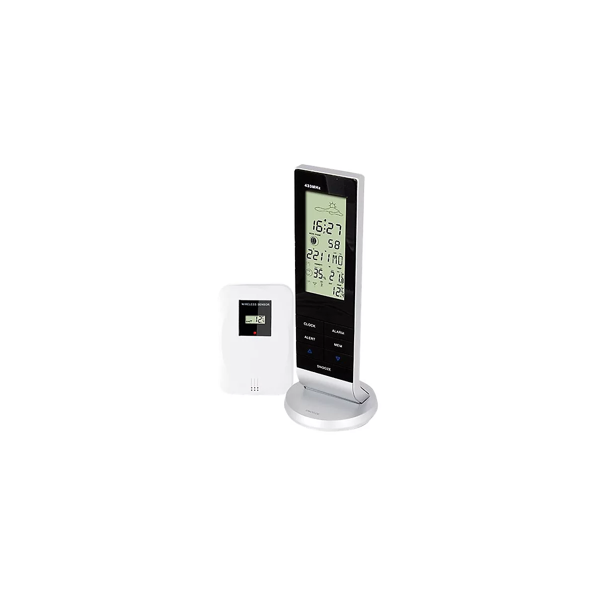 Digitale Wetterstation mit Außensensor und LCD-Display auf weißem Hintergrund.