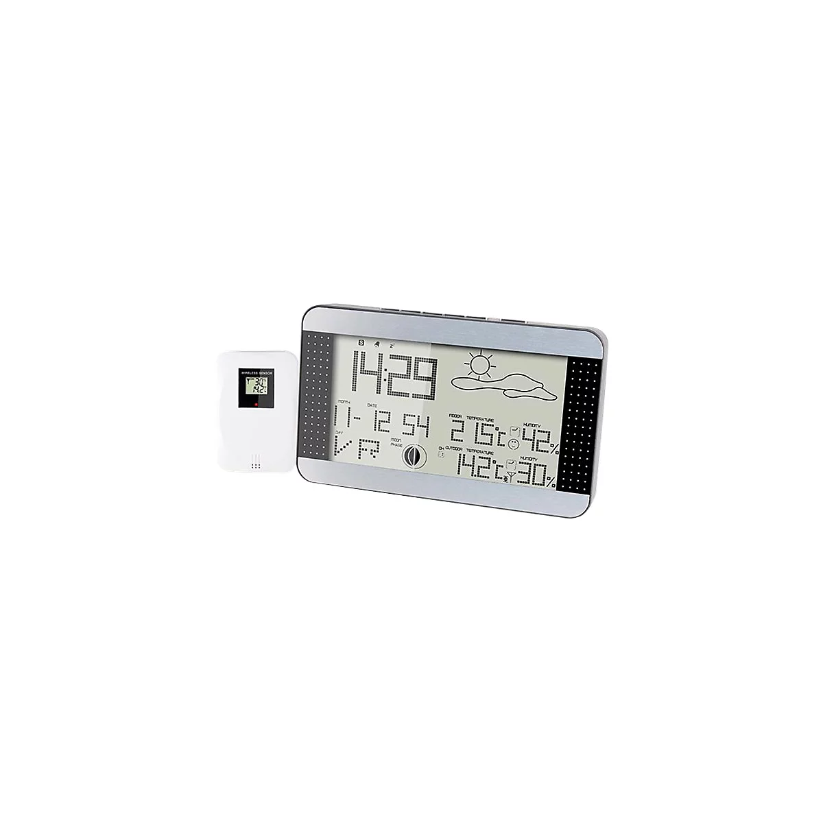 Digitale Wetterstation mit Außensensor, zeigt Zeit, Datum, Temperatur, Luftfeuchtigkeit und Wettervorhersage an.