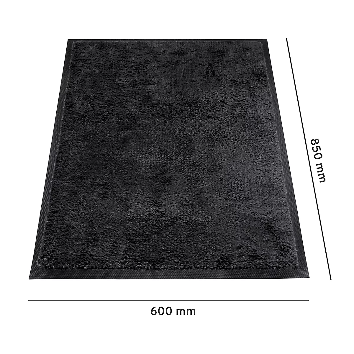 Felpudo negro con bordes exteriores negros, dimensiones 850 mm x 600 mm.