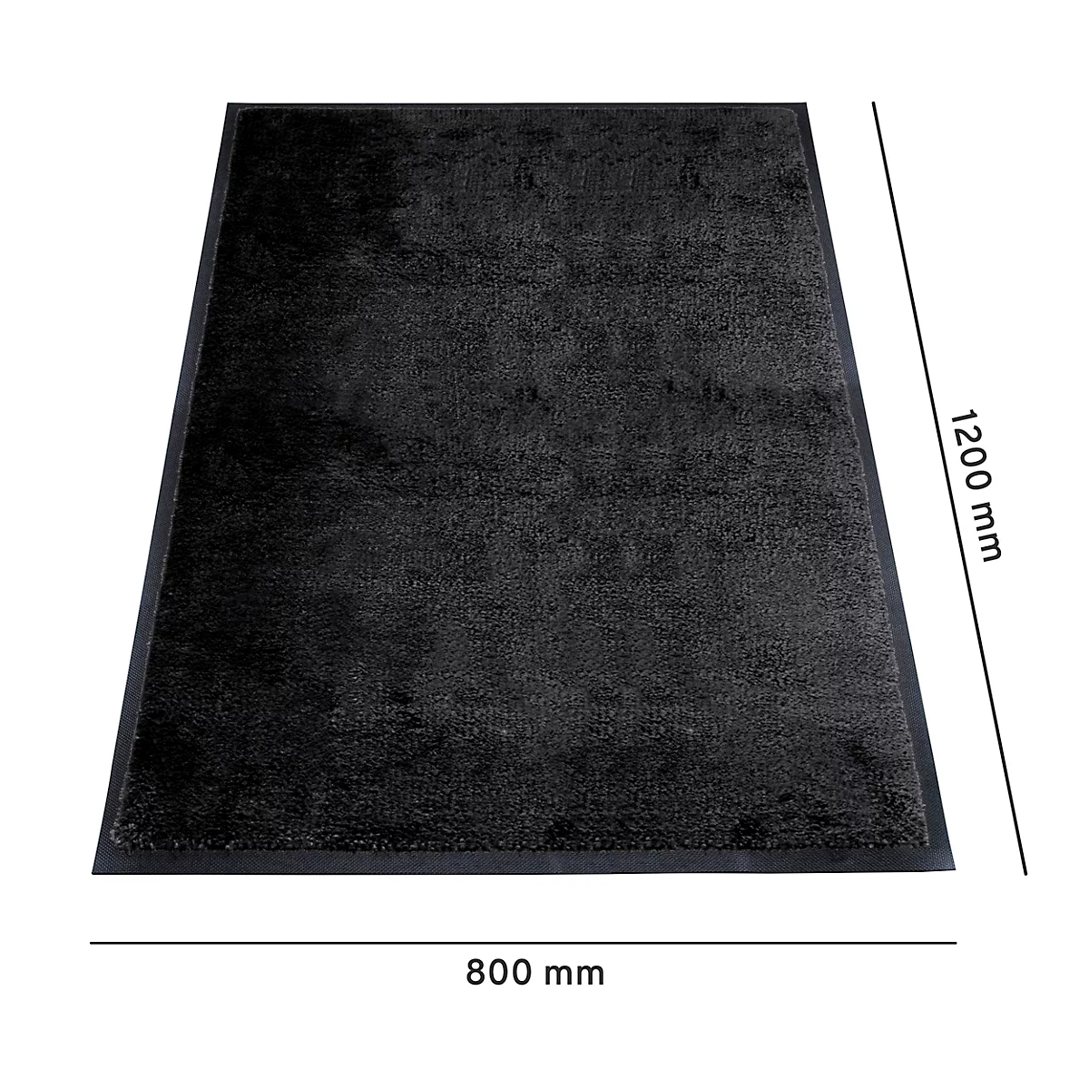 Un felpudo negro, rectangular, que mide 800 x 1200 mm. Marco negro.