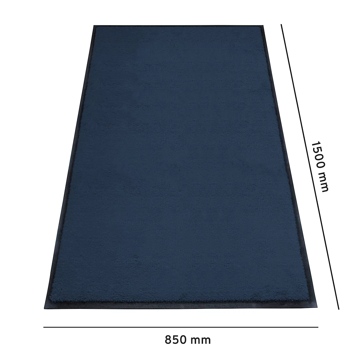Alfombra azul oscuro con bordes negros, dimensiones: 850 mm x 1500 mm. El producto está ilustrado.