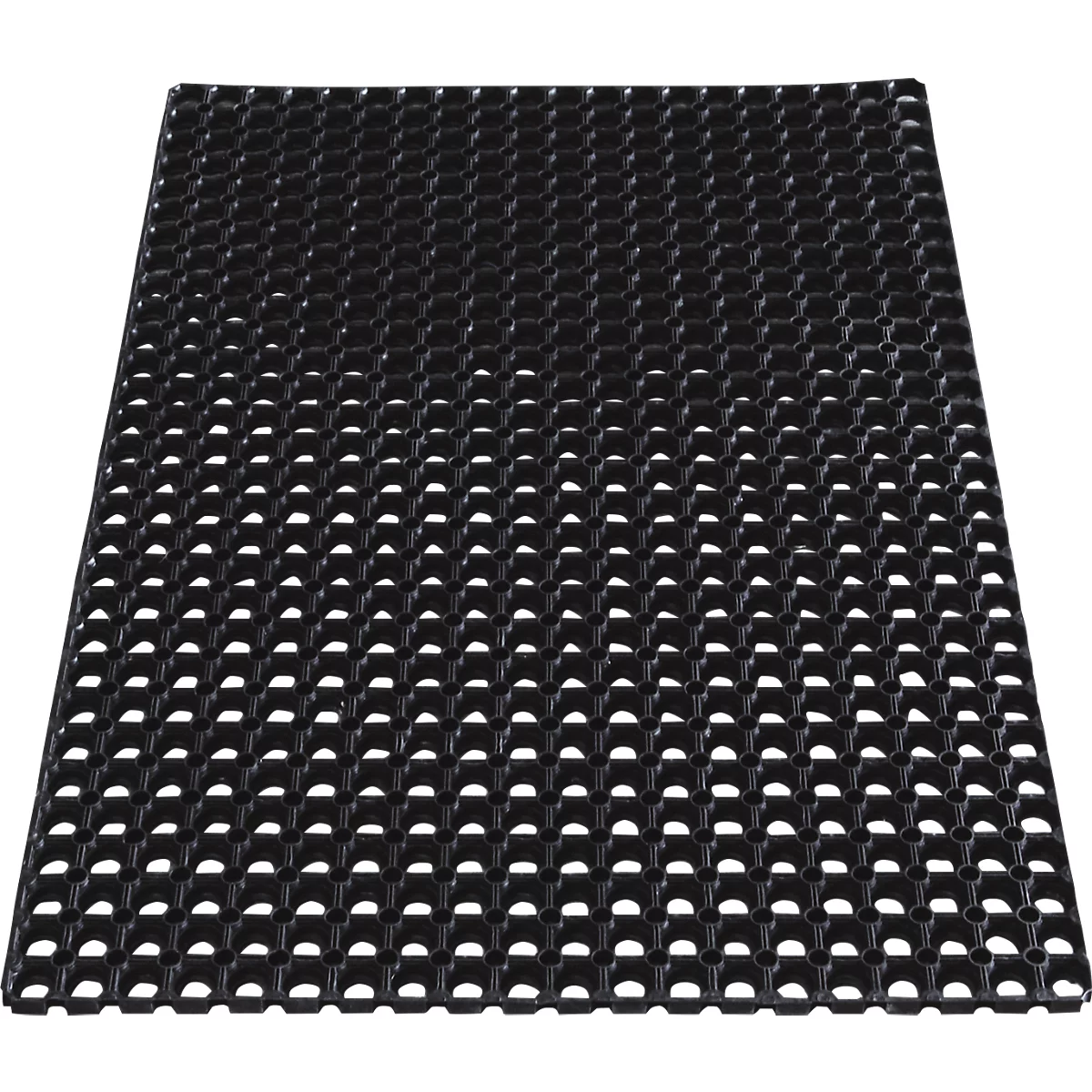 Alfombra rectangular negra con agujeros en forma de panal.