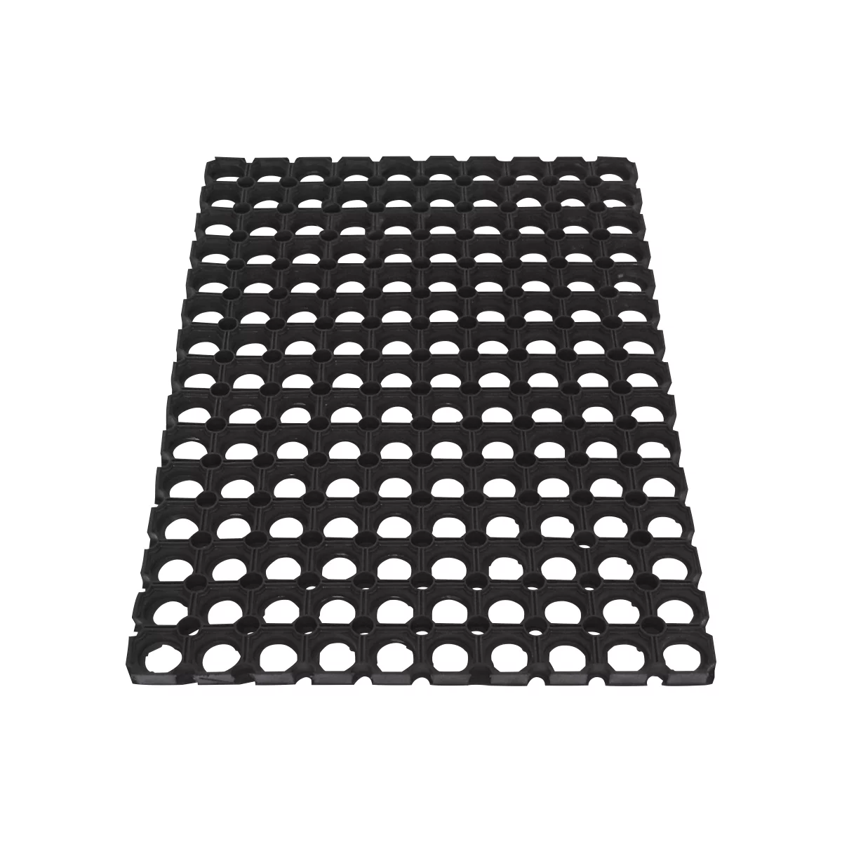Alfombra de goma negra en forma de panal. Muchas aberturas regulares.
