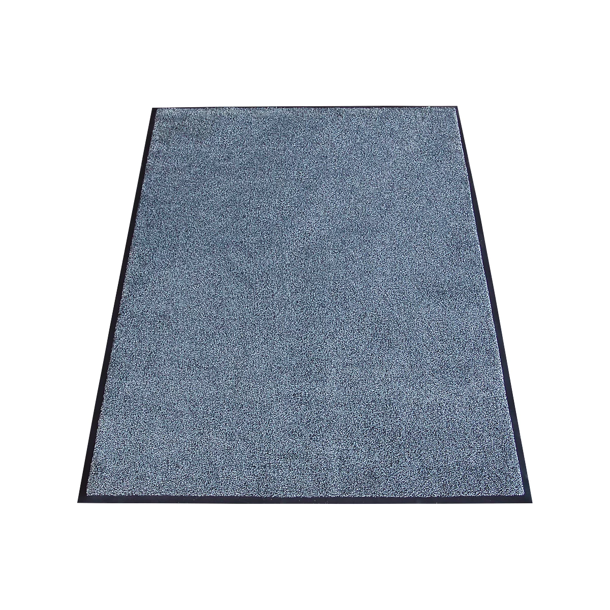 Alfombra gris rectangular con borde negro. La superficie es ligeramente texturizada.