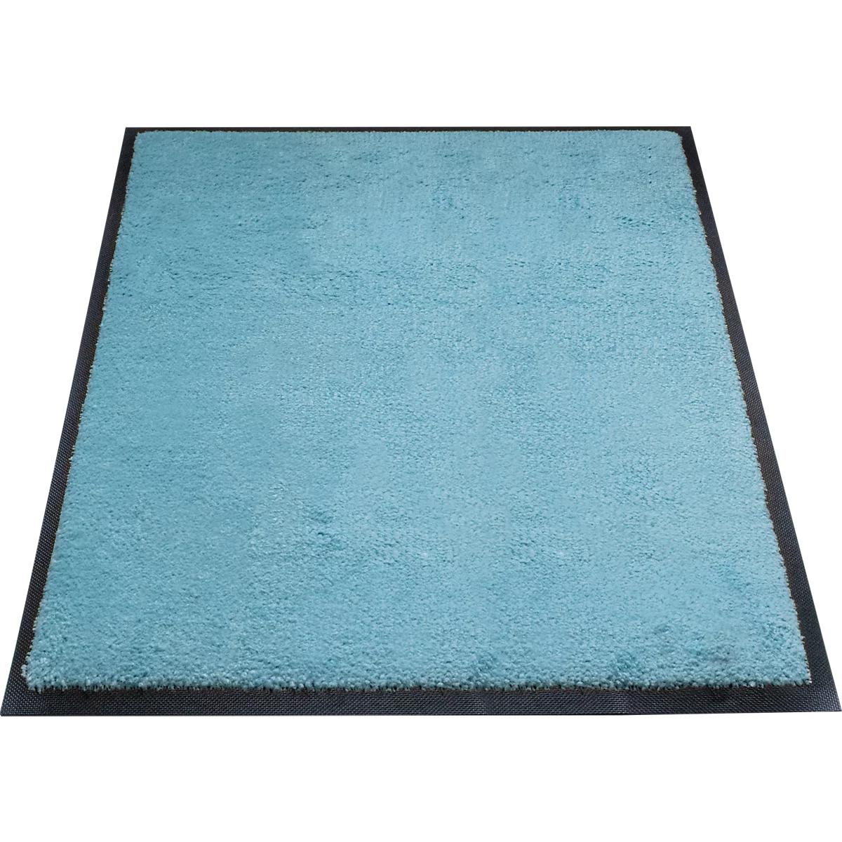 Alfombra turquesa con borde negro, rectangular.