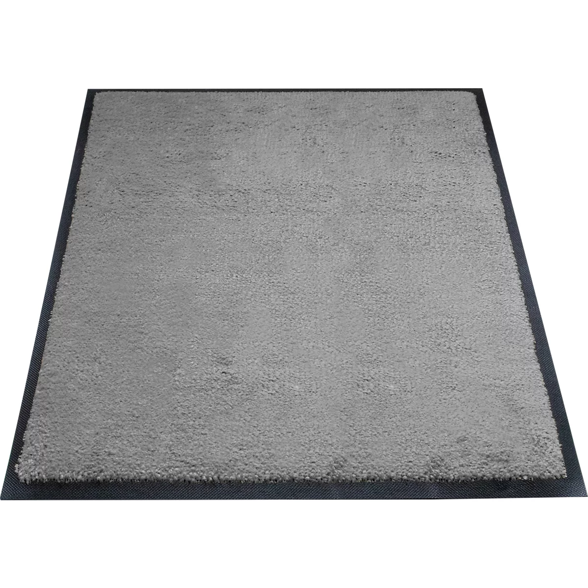 Alfombra gris con borde oscuro, forma rectangular.