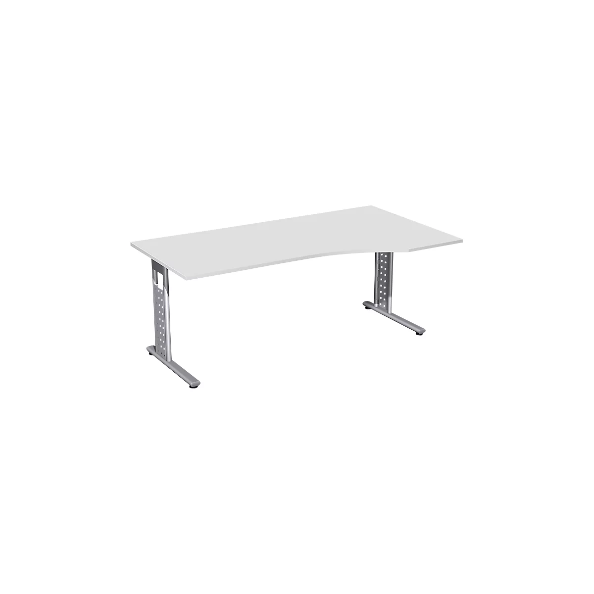 A white, curved desk on silver legs. The tabletop has a slightly concave shape.
