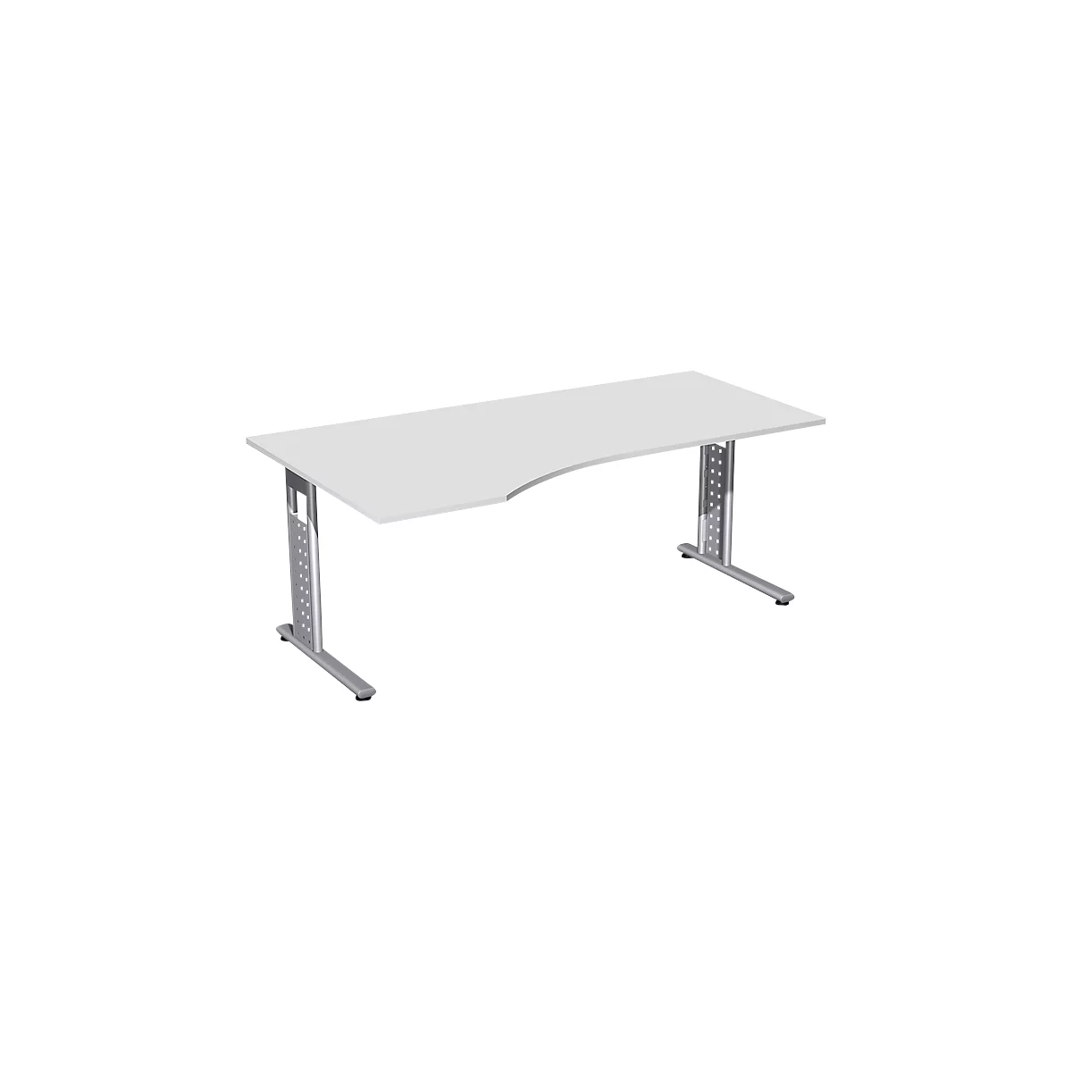 White desk with slightly curved tabletop and silver legs.