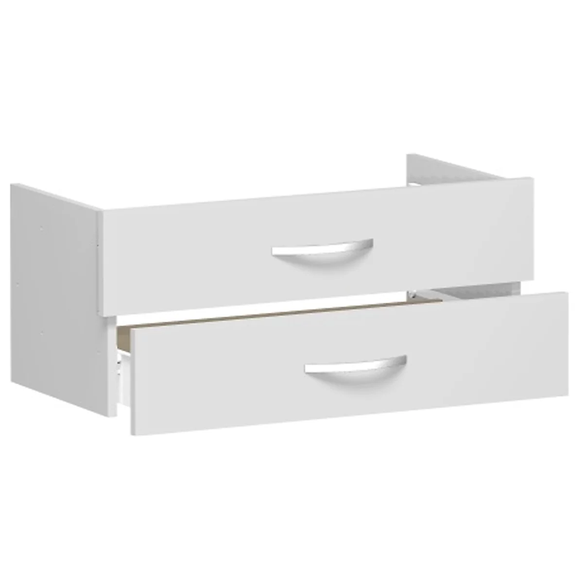 A white drawer cabinet with two drawers that have silver handles. One drawer is open.