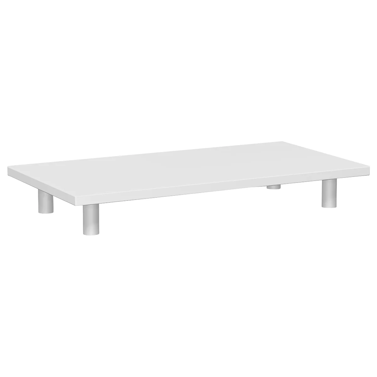 A rectangular white table on silver legs.