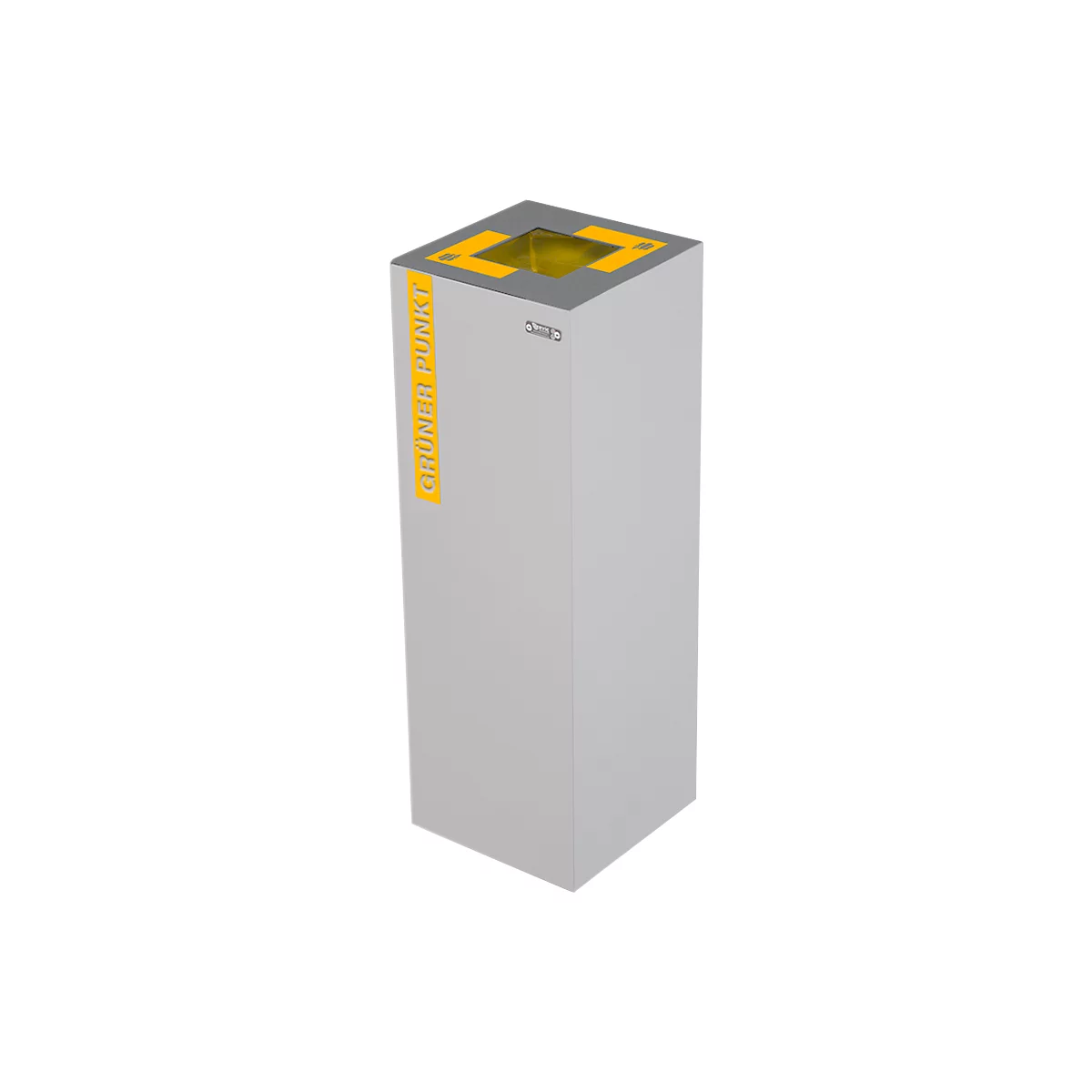 Gray rectangular trash can, top with yellow insert and yellow markings, lettering 'GRÜNER PUNKT' in yellow.