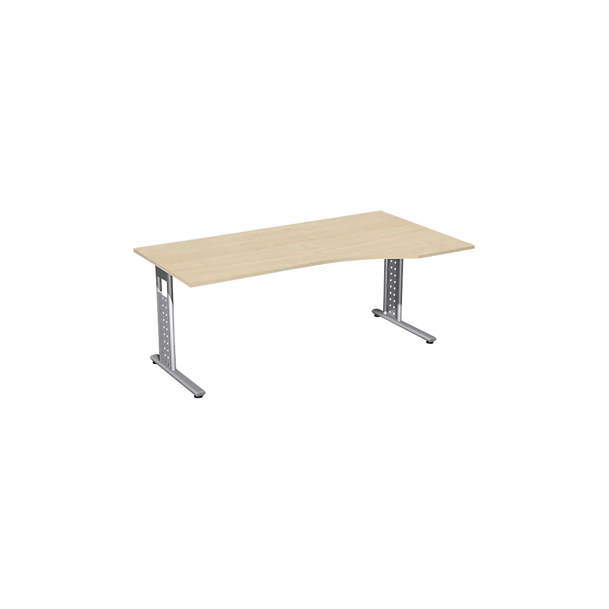 Light wood desk with silver metal legs. The tabletop has a curved edge.