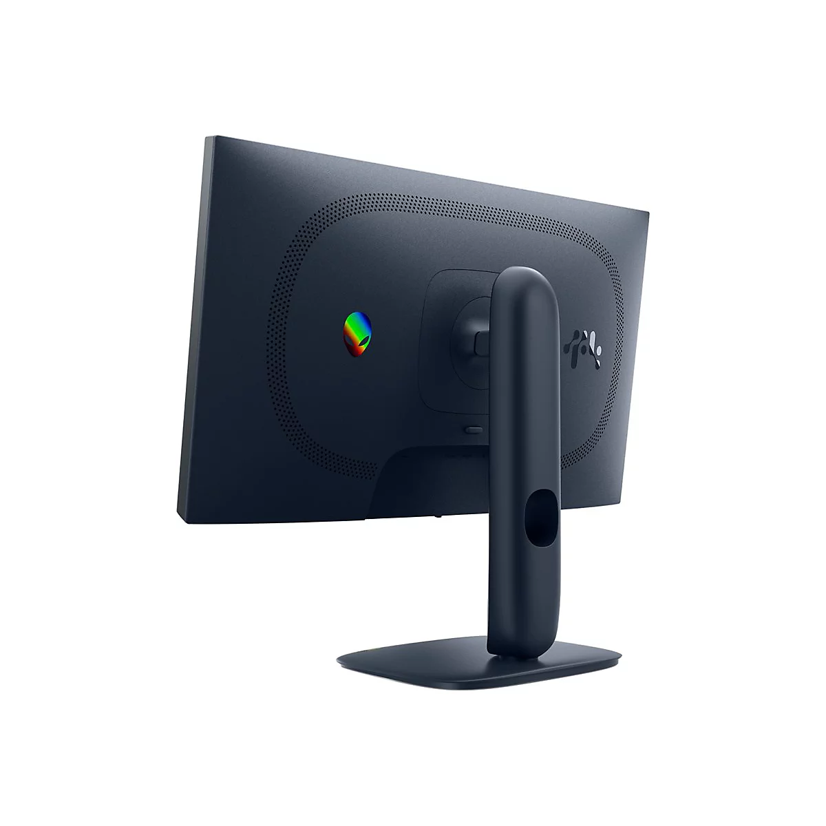 Moniteur bleu foncé vu de dos, avec support, logo Alienware et motif de trous.