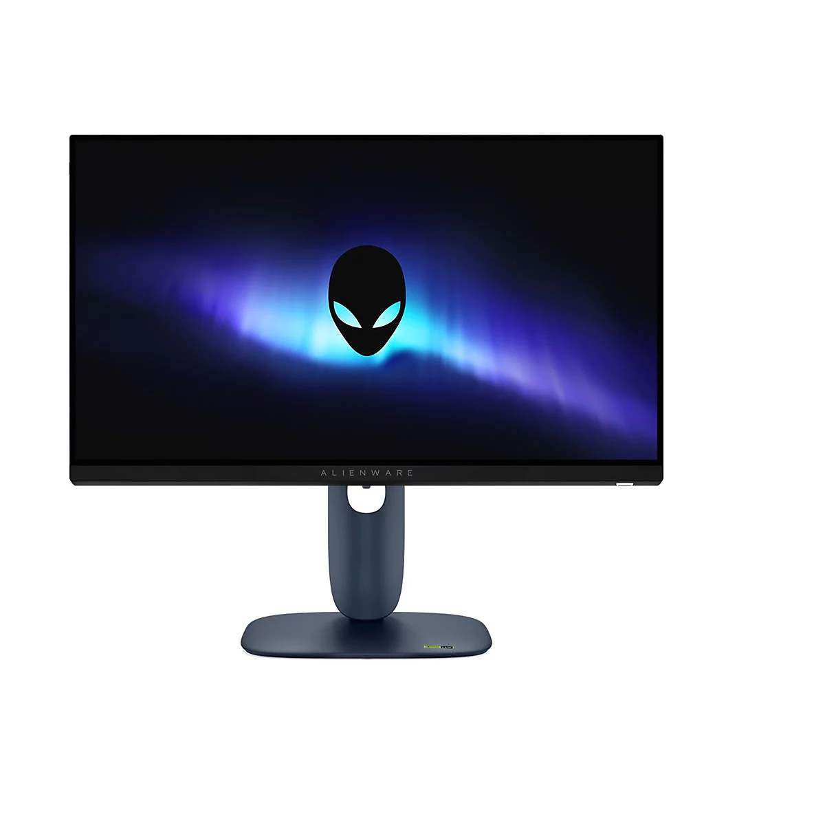 Un moniteur Alienware avec le logo Alien sur l'écran. Cadre noir, pied bleu, fond blanc.