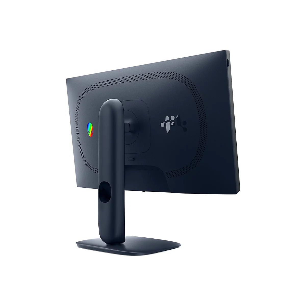 Moniteur bleu foncé vu de dos, avec un pied, un logo et un logo coloré.