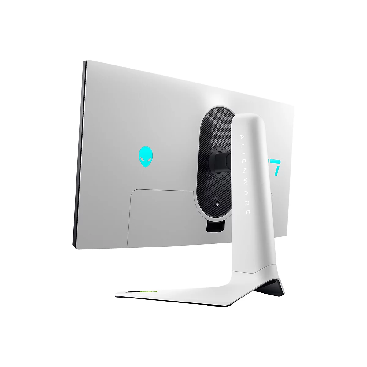 Ein weiÃŸer Gaming Monitor von Alienware, RÃ¼ckansicht. Ein blau leuchtendes Alienware-Logo ist zu sehen.