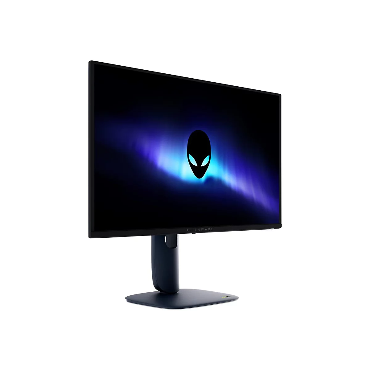 Ein Alienware Monitor, der vor weißem Hintergrund steht. Das Display zeigt ein blau-schwarzes Hintergrundbild mit einem Alien-Logo.