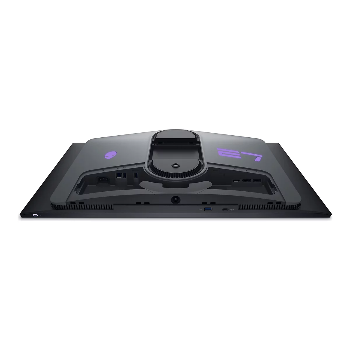 Rückansicht eines Alienware Gaming-Monitors mit lila Logo und 27-Zoll-Beschriftung auf grauem Gehäuse.