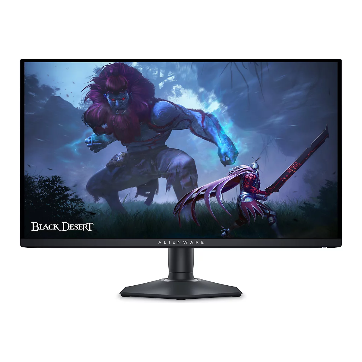 Ein Alienware Monitor zeigt ein Videospiel-Szenario. Ein riesiger, dämonischer Krieger greift einen gepanzerten Charakter mit einem großen Schwert an. Der Schriftzug "Black Desert" ist links unten zu sehen.