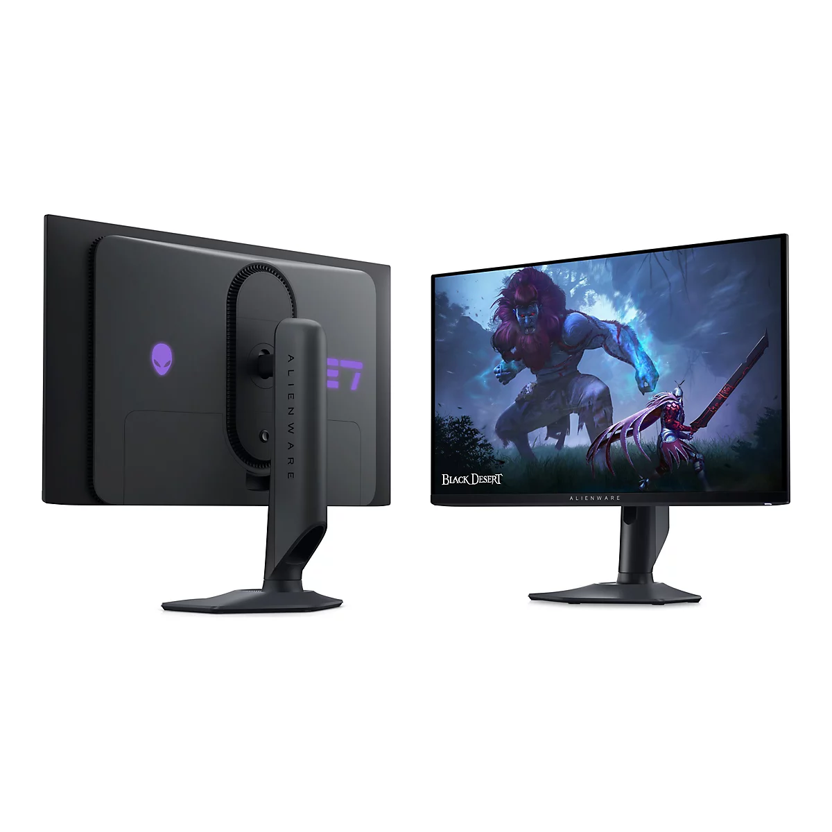 Zwei Alienware-Gaming-Monitore vor weißem Hintergrund. Einer zeigt das Spiel Black Desert.