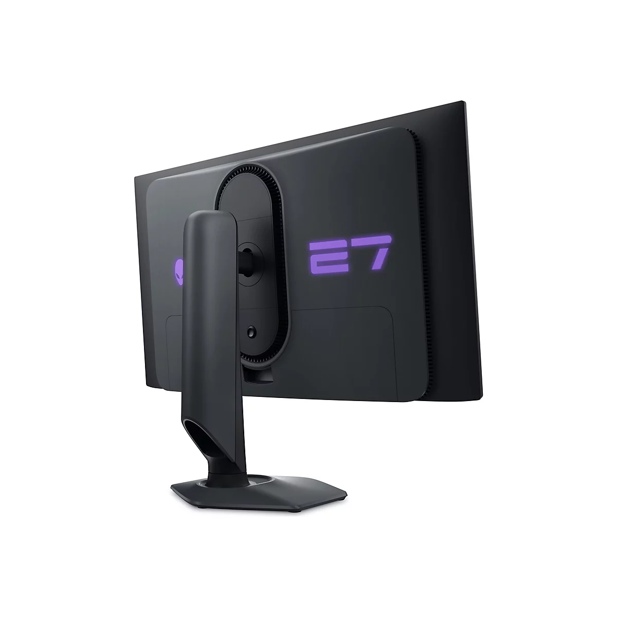 Schwarzer Monitor von hinten, lila beleuchtet. Auf der Rückseite ist das Logo "E7" zu sehen.