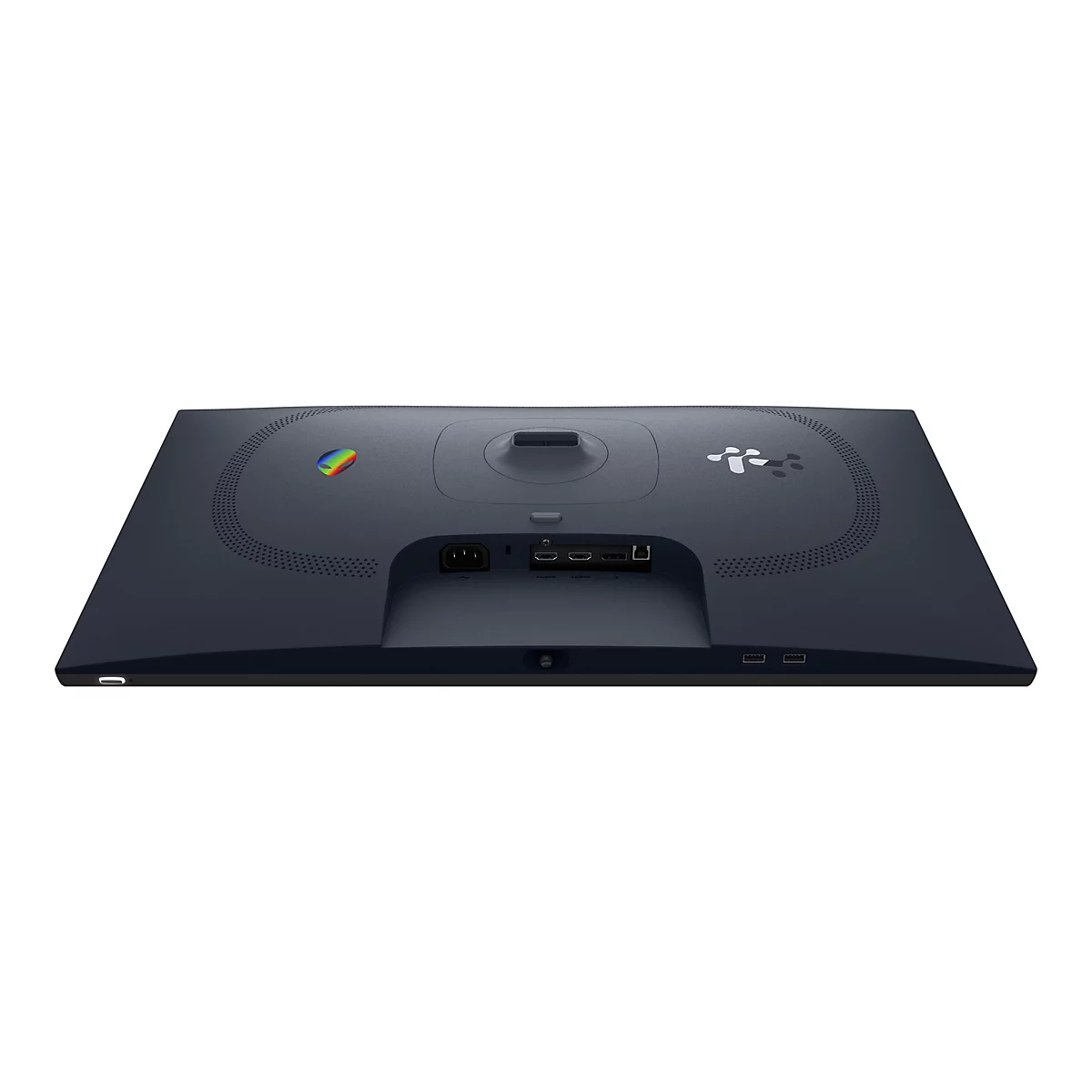 Rückseite eines dunkelblauen Monitors. Anschlüsse und das Alienware-Logo sind zu sehen.