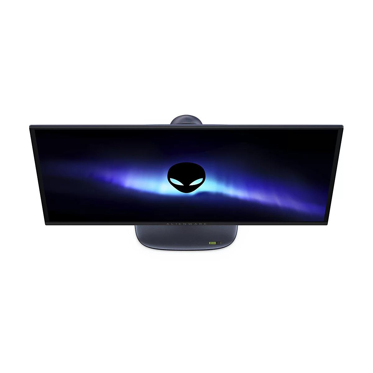 Alienware Ultrawide-Monitor von oben, zeigt Alien-Logo auf dem Display und G-Sync-Label am Standfuß.