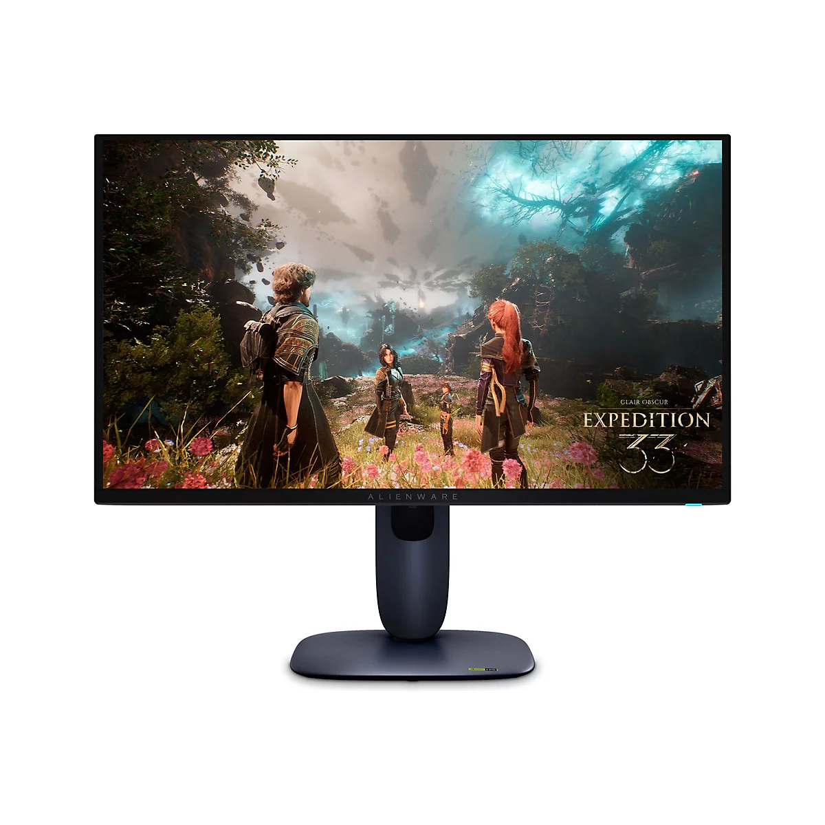 Ein Alienware Monitor zeigt eine Fantasy-Spielszenen mit drei Charakteren vor einer nebligen Landschaft. Unten steht "Alienware".