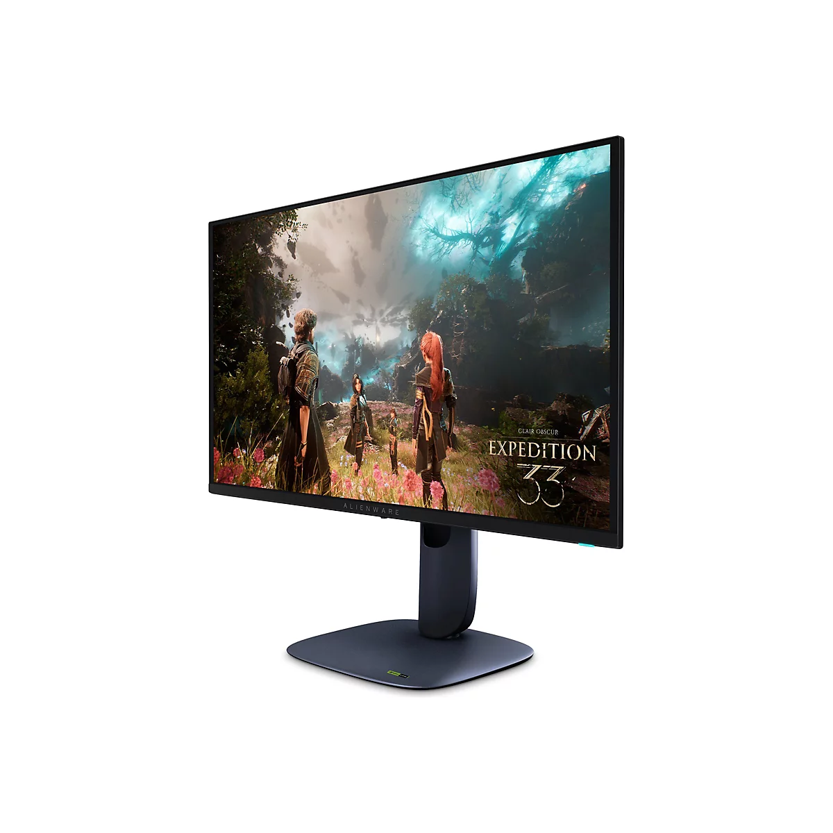 Alienware Monitor auf einem Standfuß, der ein Videospiel mit Fantasy-Charakteren in einer Waldlandschaft anzeigt.