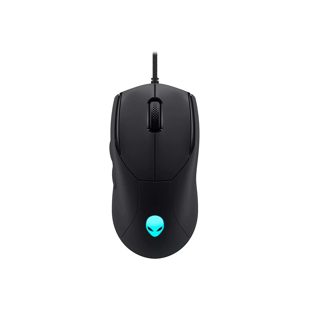 Schwarze Gaming-Maus mit Alien-Logo. Das Mausrad und ein Logo leuchten blau.
