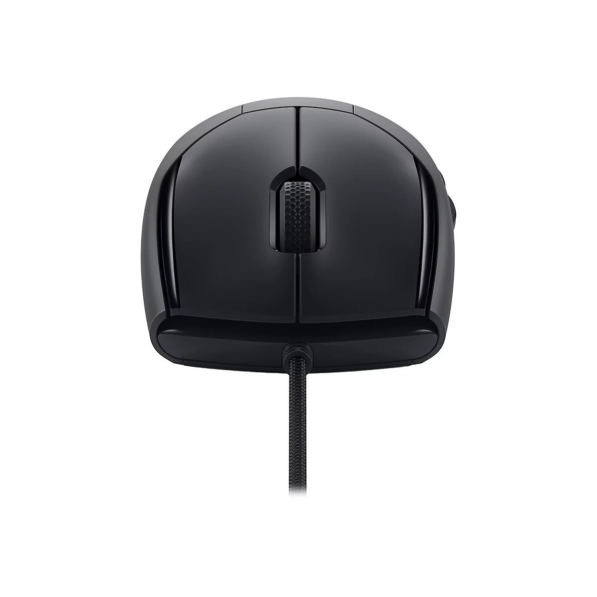 Draufsicht auf eine schwarze Maus mit Kabel vor weißem Hintergrund. Die Maus hat zwei Haupttasten, ein Scrollrad und eine strukturierte Kabelummantelung.