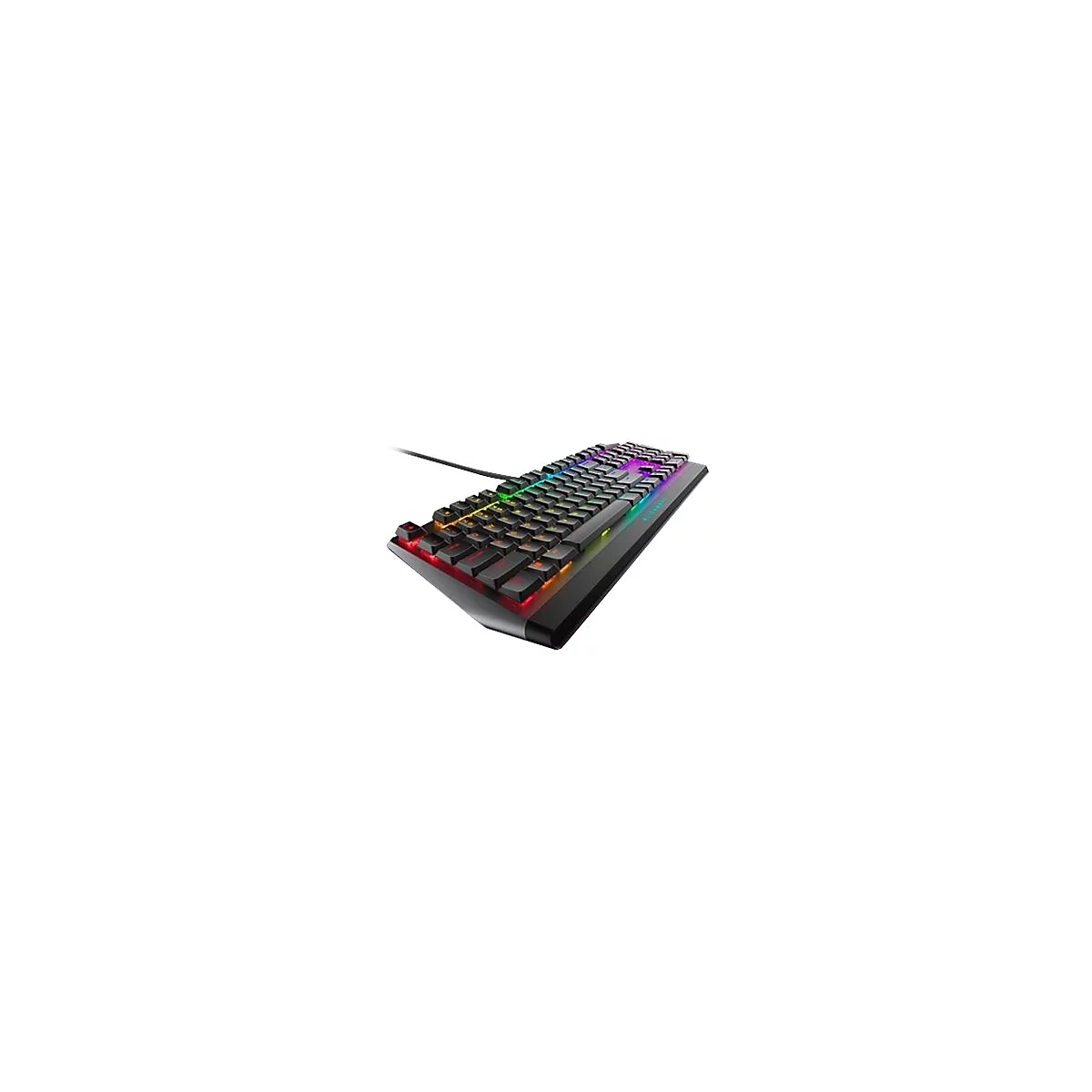 Schwarze mechanische Gaming-Tastatur mit RGB-Beleuchtung, leicht von oben links aufgenommen.