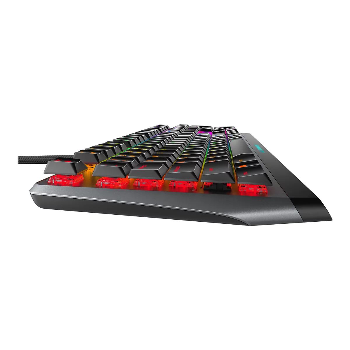 Schwarze mechanische Tastatur mit RGB-Beleuchtung. Die Tasten sind beleuchtet, das Kabel ist mit Stoff ummantelt.