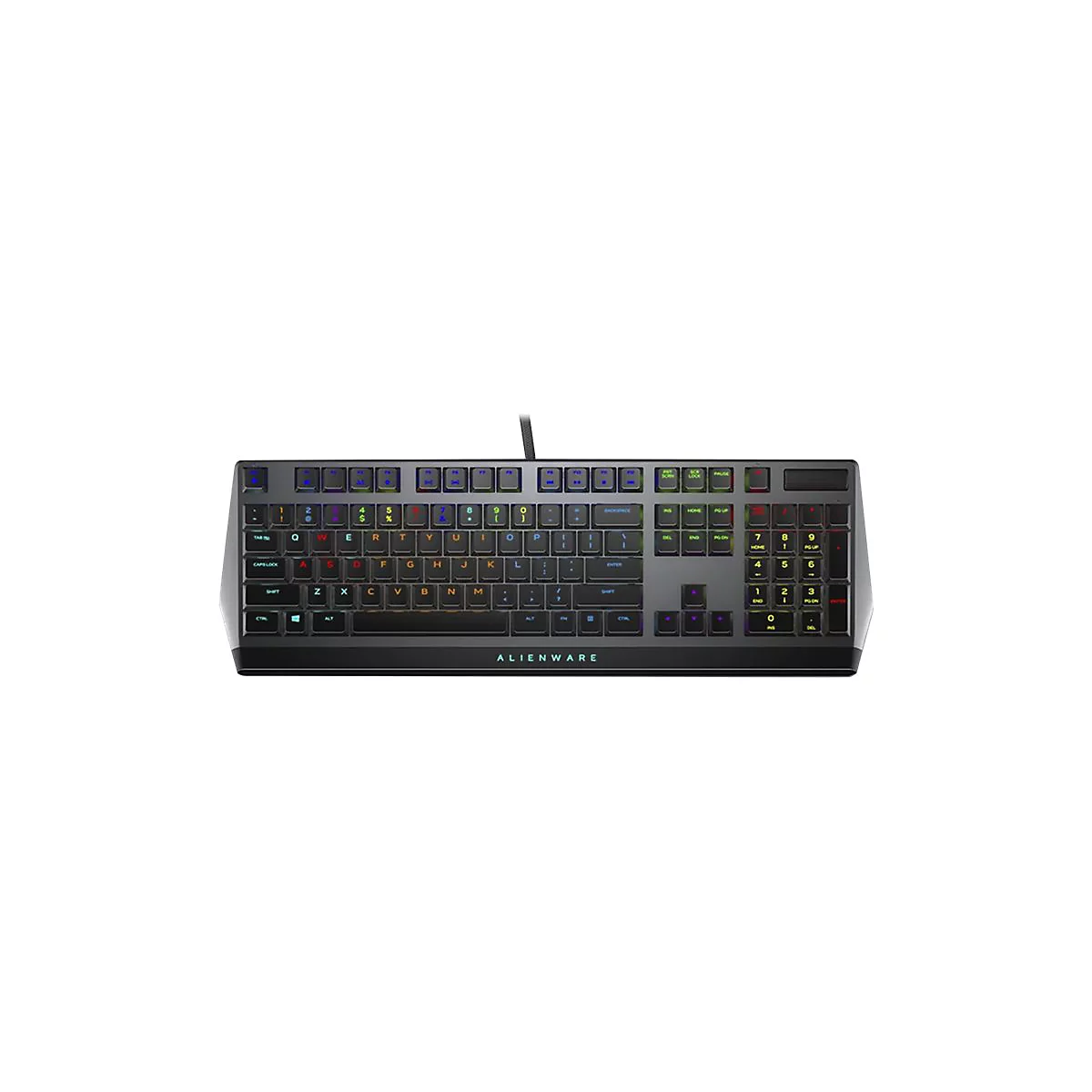 Draufsicht auf eine schwarze Alienware-Tastatur mit mehrfarbiger Beleuchtung. Die Tastenbeschriftung ist weiss.