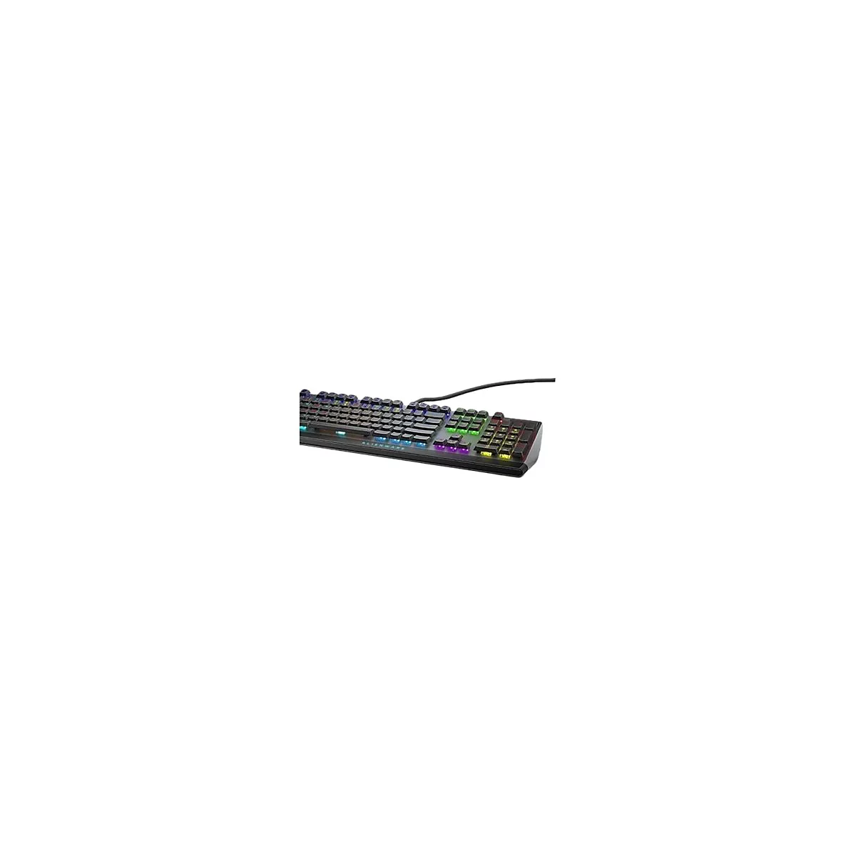 Schwarze Gaming-Tastatur mit mehrfarbiger Beleuchtung. Oben ist ein schwarzes Kabel zu sehen. Die Marke lautet Alienware.