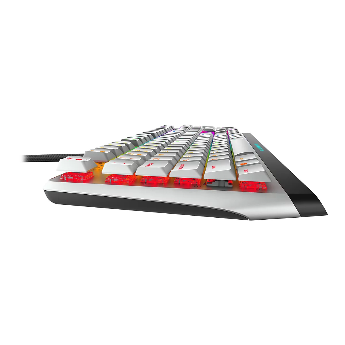 Eine halb-draufsicht einer Gaming-Tastatur. Die Tastatur ist silberfarben mit weißen Tasten und leuchtenden RGB-Beleuchtung.