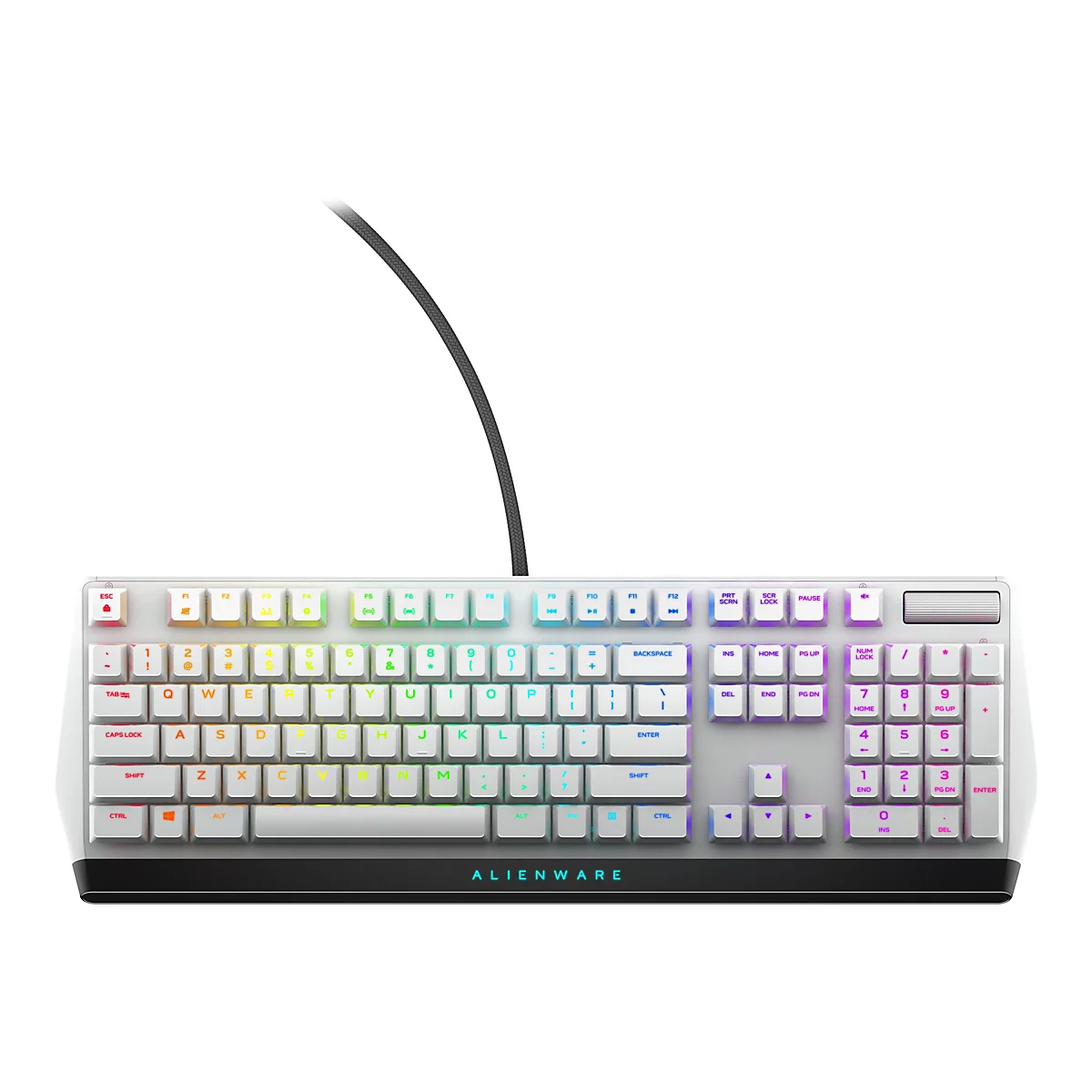 Eine weiße Alienware-Tastatur mit bunten Tasten und Kabel.