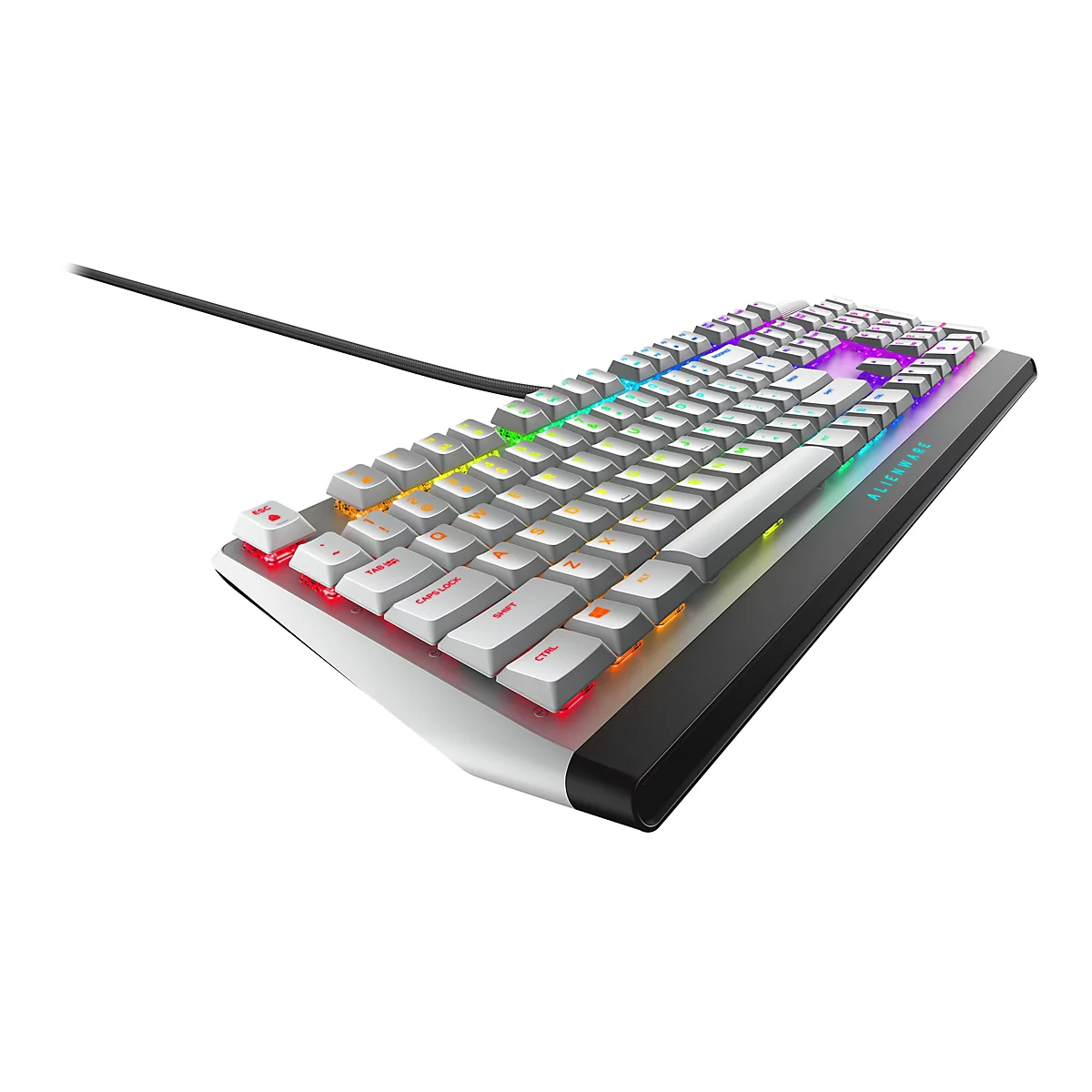 Hellgraue Gaming-Tastatur mit farbigen LED-Tasten. Die Tasten sind beschriftet. Schwarzes Kabel. Rechts steht in blau "ALIENWARE".