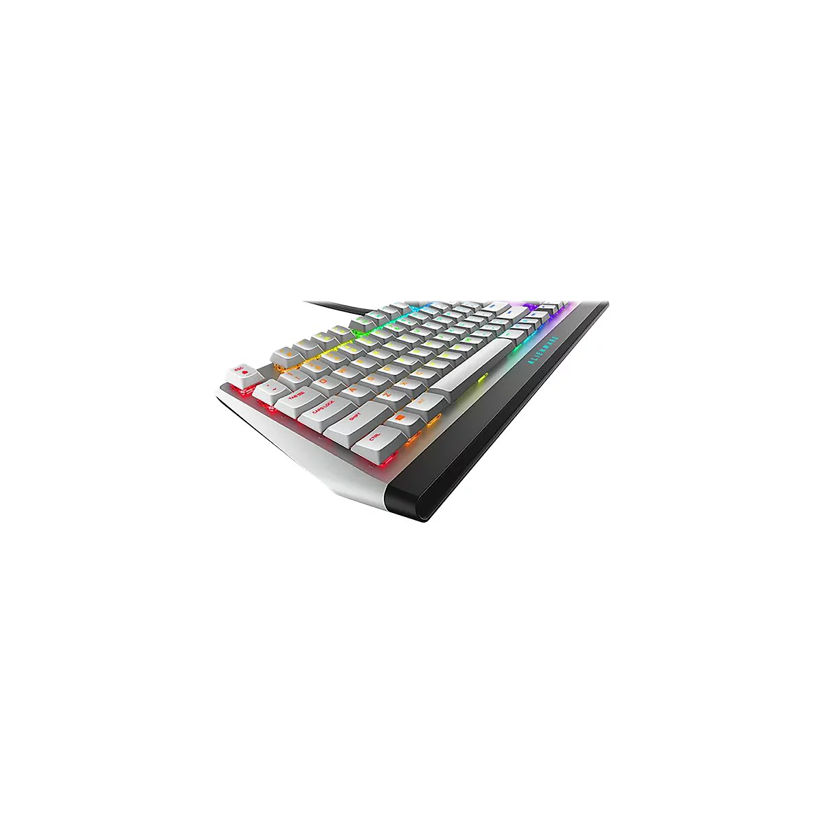 Gaming-Tastatur mit weißen Tasten, farbiger Beleuchtung und Alienware-Logo.
