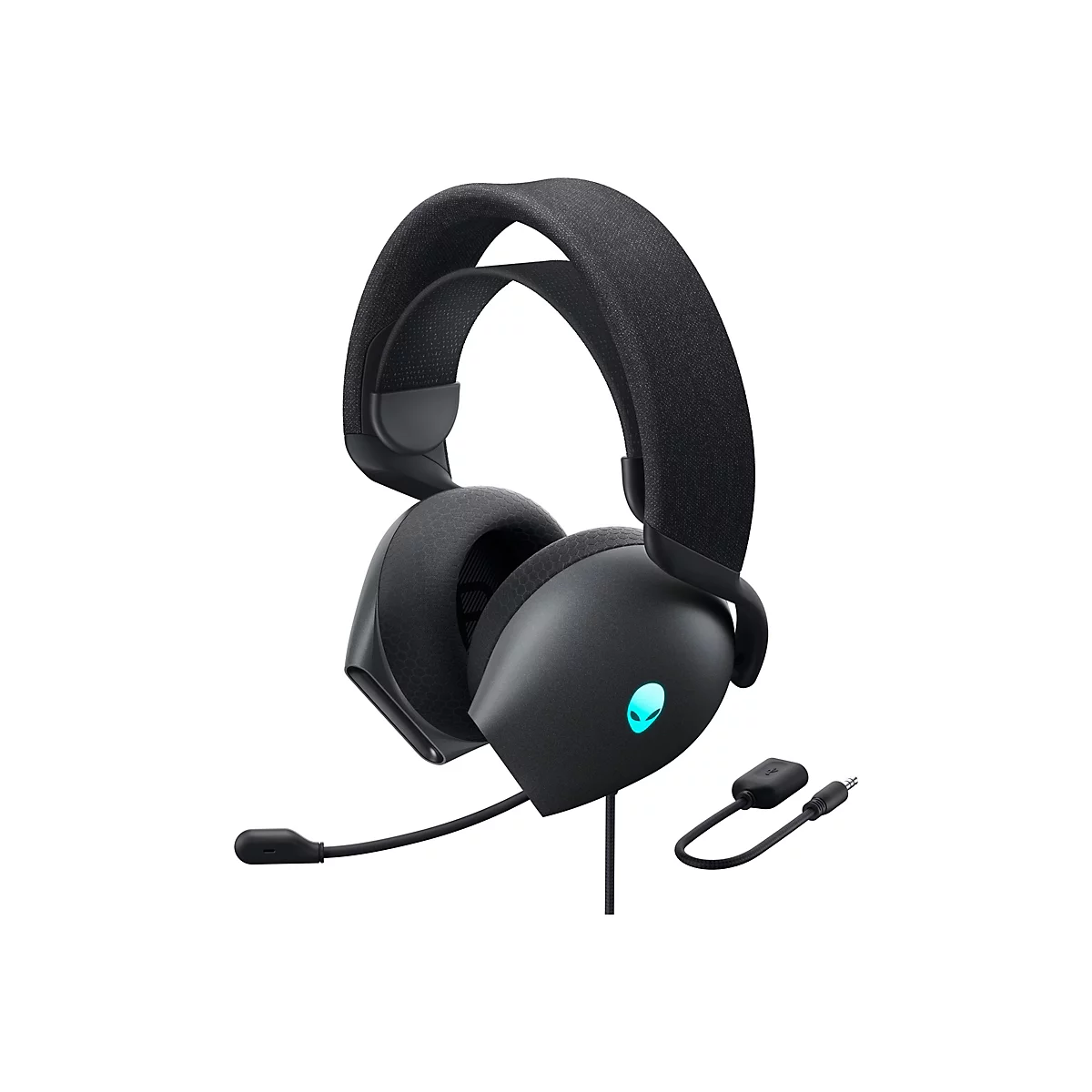 Schwarzes Alienware-Gaming-Headset mit blauem Licht-Logo und Mikrofon.