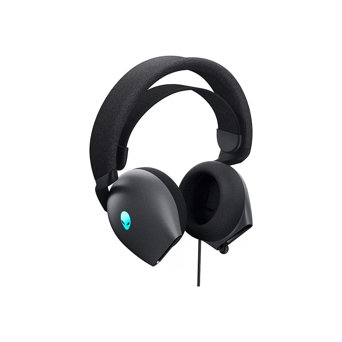 Schwarzes Alienware-Headset, das vor weißem Hintergrund abgebildet ist. Das Headset hat ein blaues Alien-Logo.