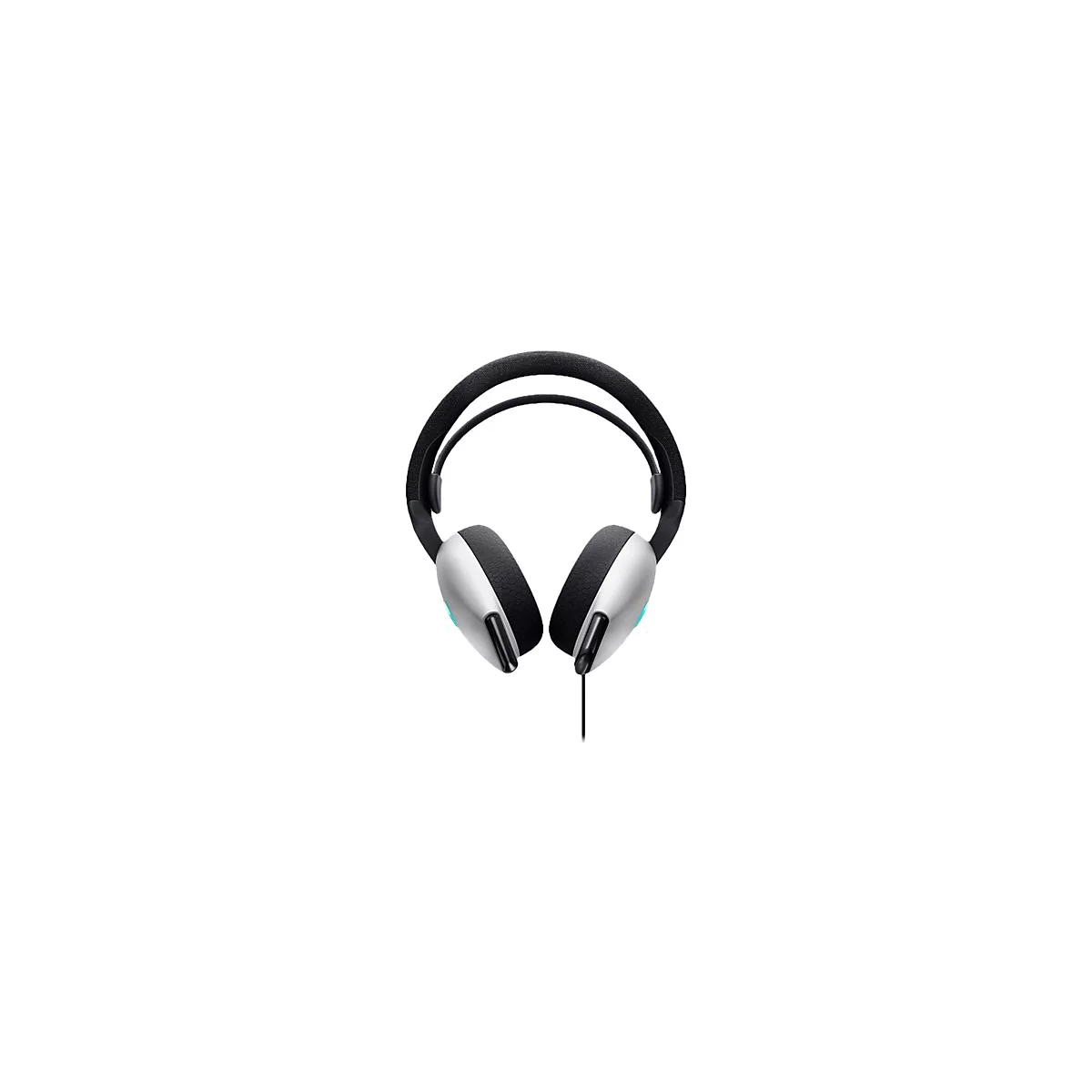 Hellgrauer Kopfhörer mit schwarzem Bügel und Ohrpolstern. Ein Kabel führt nach unten.