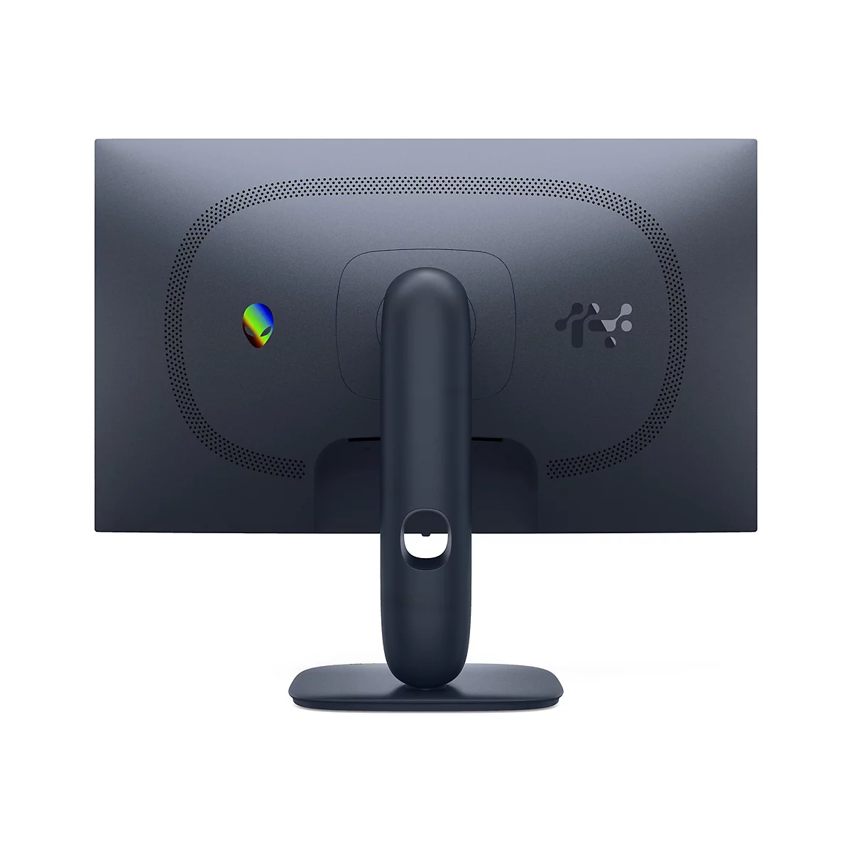Rückseite eines dunkelblauen Monitors. Der Ständer ragt mittig nach unten heraus. Oben links das Alienware-Logo.