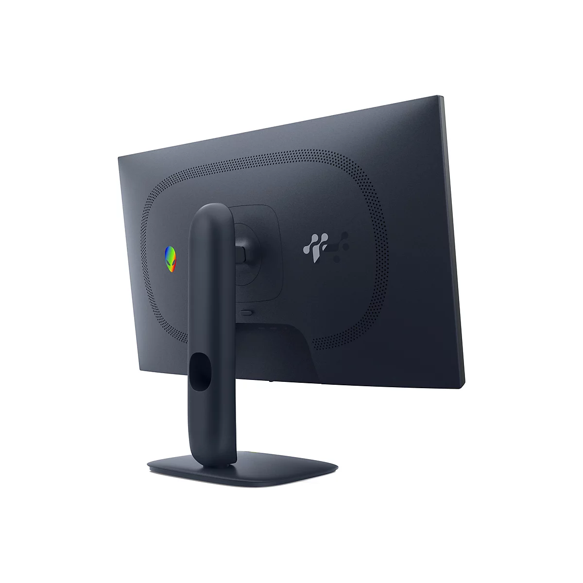 Dunkelblauer Monitor von hinten. Sichtbar sind Logos, Aussparungen und Anschlüsse. Der Standfuß ist oval und rund.