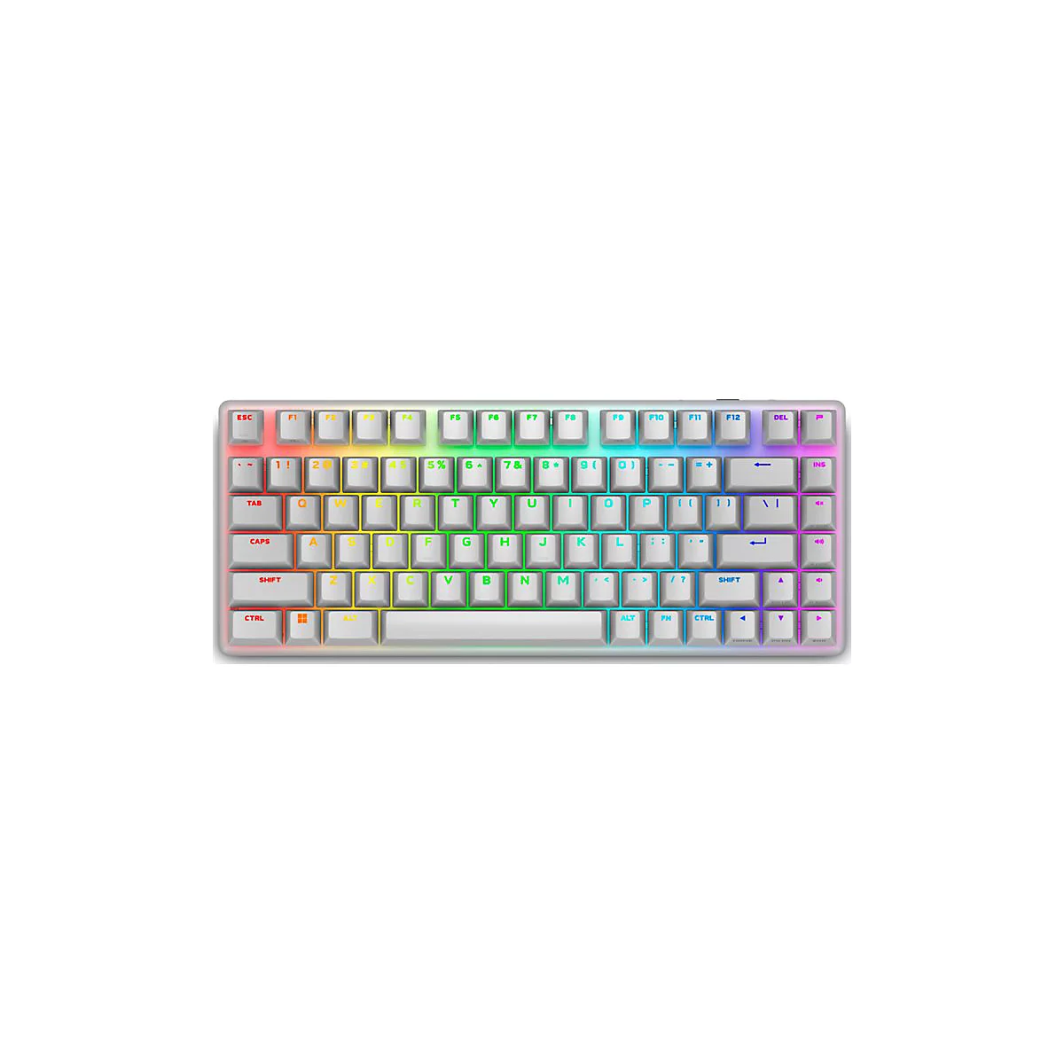 Hellgraue mechanische Tastatur, Tasten mit weißer Beschriftung und farbiger Hintergrundbeleuchtung.
