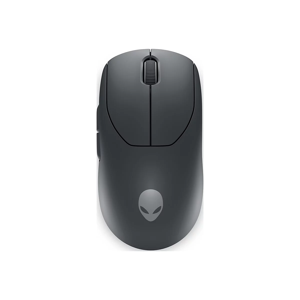 Draufsicht auf eine schwarze Alienware-Maus. Das Alienware-Logo zeigt einen Alien-Kopf, der sich auf der Unterseite der Maus befindet.