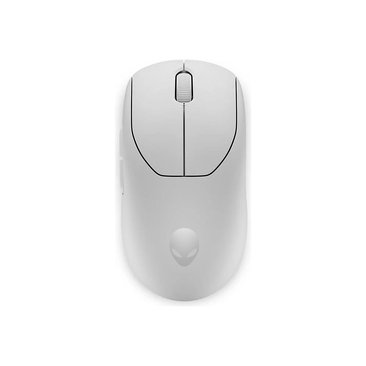 Draufsicht auf eine weiße Alienware-Maus mit mittiger Scrollrolle und Logo.