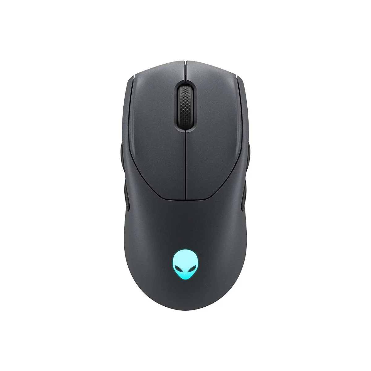 Dunkelgraue Maus, von oben gesehen. Mittig Scrollrad, darunter Alien-Logo mit leuchtendem Blau.