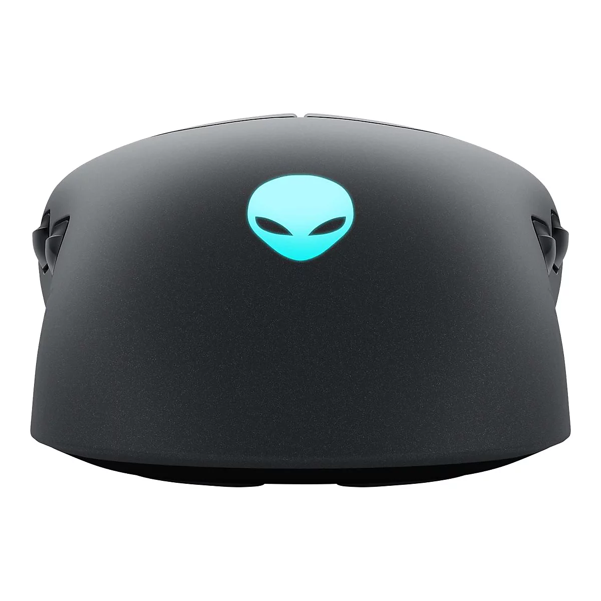 Schwarze Gaming-Maus mit Alien-Logo. Das Logo leuchtet blau. Seitlich sind Zusatztasten erkennbar.