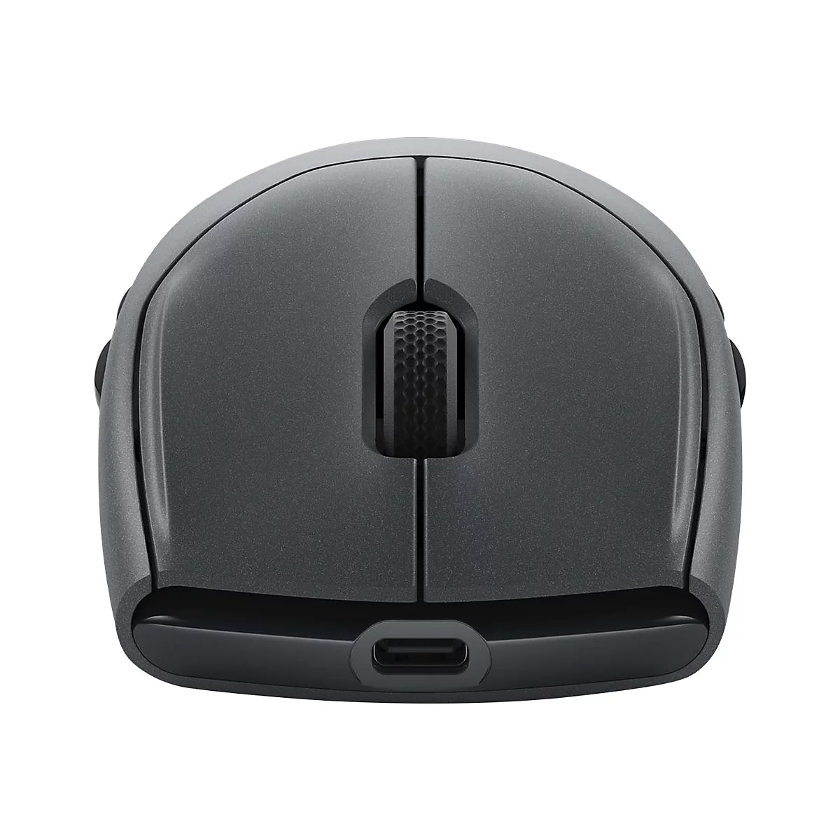 Draufsicht auf eine graue Computermaus mit Scrollrad und USB-C-Anschluss.